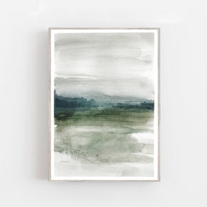 Watercolor abstract foggy landscape, modern green watercolor print, nordic wall decor