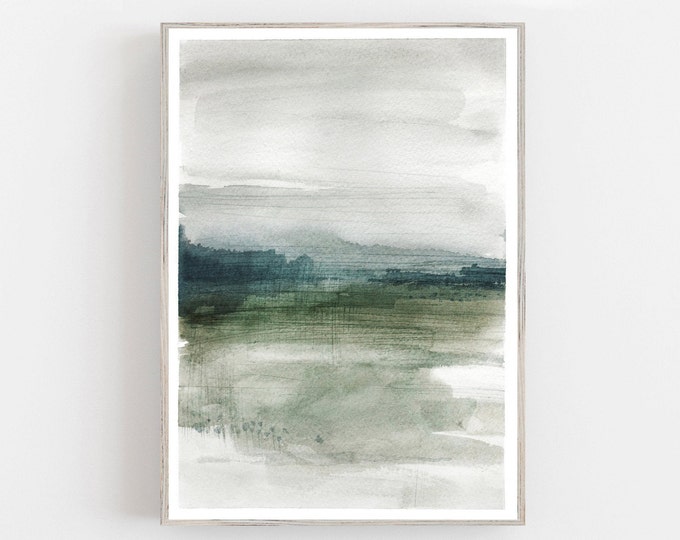 Watercolor abstract foggy landscape, modern green watercolor print, nordic wall decor