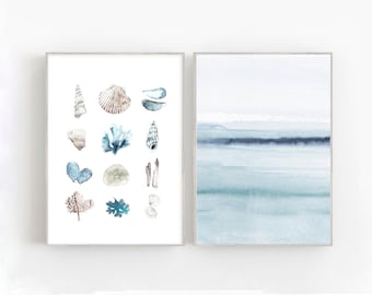 Modern blue watercolor sea prints, scandinavian wall art, beach house art print.