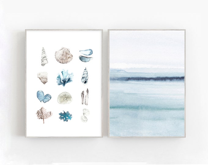 Modern blue watercolor sea prints, scandinavian wall art, beach house art print.
