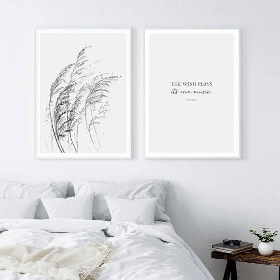 Set of 2 watercolor grey fine art prints, scandinavian wall art decor, grasses in the wind print, quote print, birthday gift