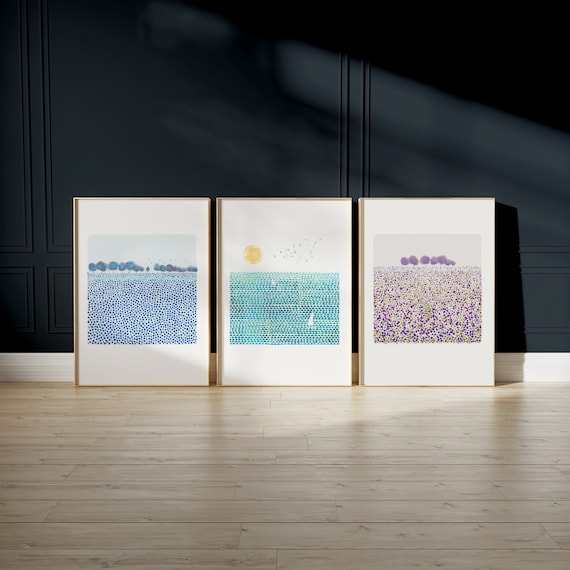 Set of 3 watercolor landscape prints, flower fields, abstract sea