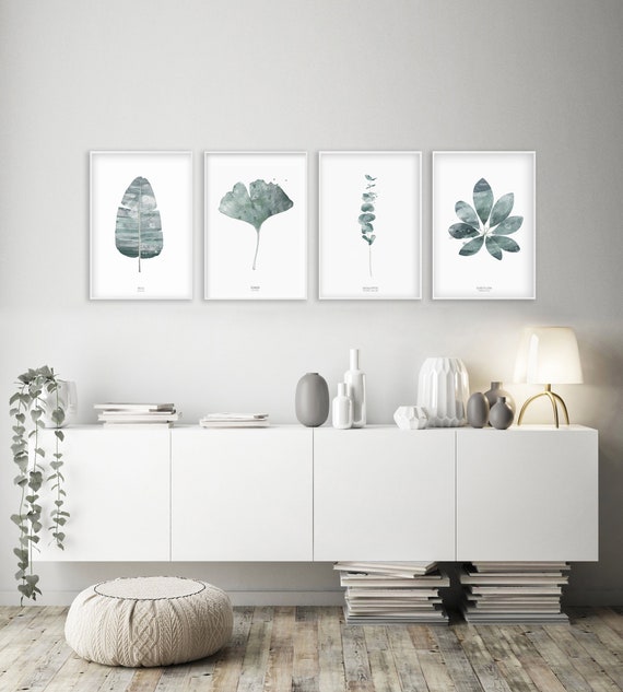 Set of 4 botanical fine art prints, watercolor green leaves print