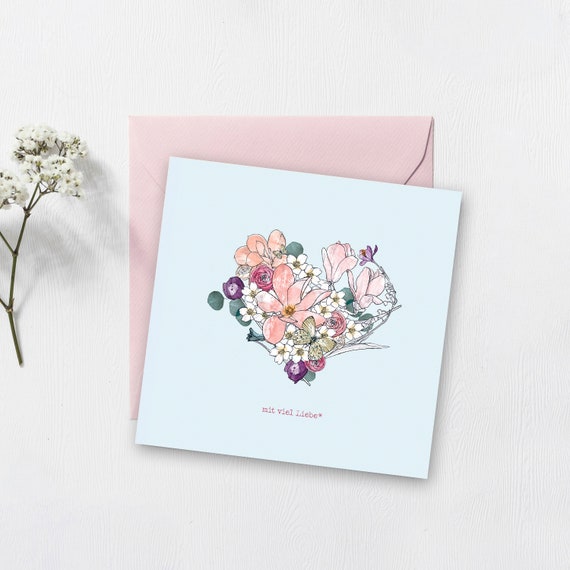 Folding card with lots of love, spring flowers heart, Mother's Day, Grandma's Day, Women's Day