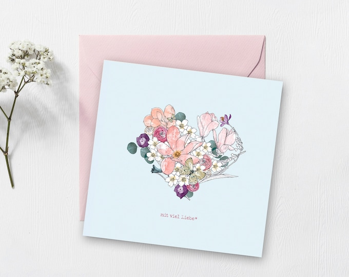 Folding card with lots of love, spring flowers heart, Mother's Day, Grandma's Day, Women's Day