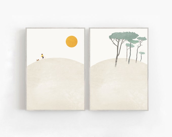 Set of 2 summer prints, sun and sea print, cycling print, mid century print