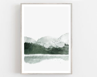 Aquarelle d’art de lac de montagne, forêt brumeuse et affiche de lac, art mural scandinave