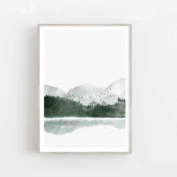 Watercolor mountain landscape print, rainy forest watercolor print, nordic wall art