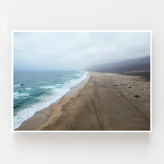 Fuerteventura Cofete beach print, foggy beach sea print, Fuerteventura coast print, drone photography