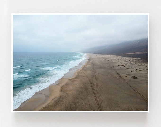 Fuerteventura Cofete beach print, foggy beach sea print, Fuerteventura coast print, drone photography