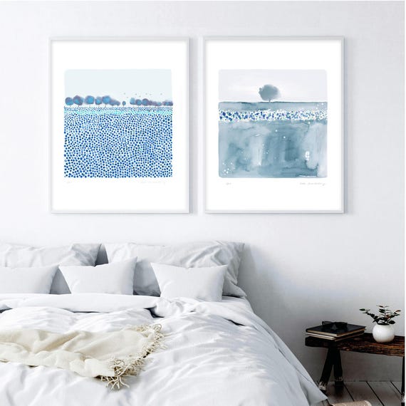 Set of 2 watercolor abstract landscape fine art prints, blue watercolor meadow print