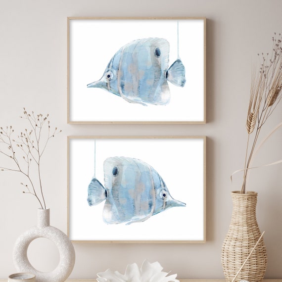 Set of 2 watercolor lightblue fishes prints, coastal wall art, beach house prints, hamptons style prints