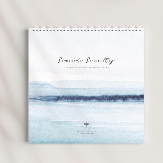 Watercolor Seaside Serenity Perpetual Calendar – Ocean-Inspired Perpetual birthday calendar,  christmas gift idea, square 21cmx21cm