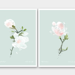 Set of two botanical prints Magnolia blossom prints Spring Flowers White Flowers image 1