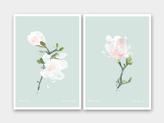 Set of two botanical prints - Magnolia blossom prints - Spring Flowers - White Flowers