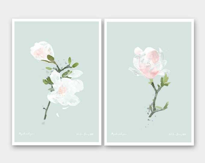 Set of two botanical prints - Magnolia blossom prints - Spring Flowers - White Flowers