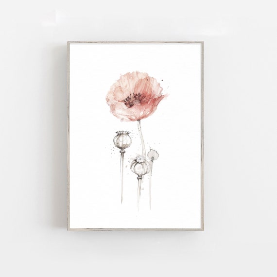 Watercolor poppy fine art print, red sommer flower print, wildflower
