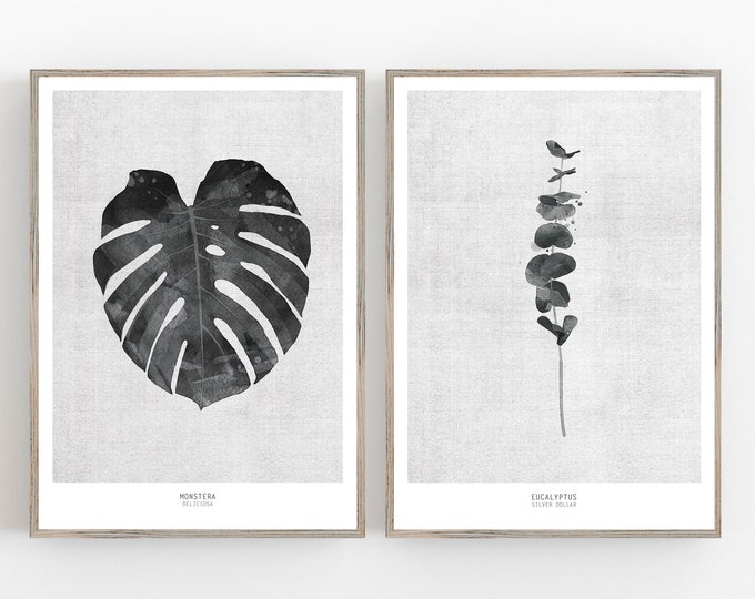 Set of 2 modern botanical prints, Black monstera, Black eucalyptus print
