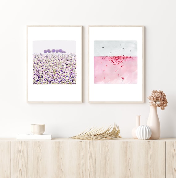 Set of 2 watercolor abstract landscape fine art prints, watercolor art, red and pink prints, meadow print