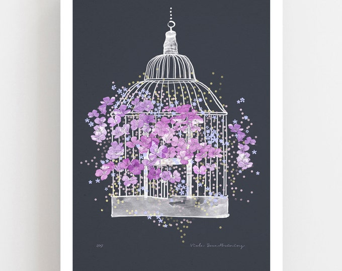 Bird cage with flowers fine art print