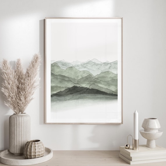 Watercolor mountain landscape print, rainy forest watercolor print, nordic wall art