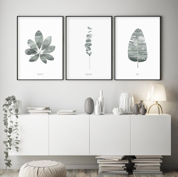 Set of 3 prints, Green Leaves, Watercolor Leaf, Modern Print, Modern minimalist