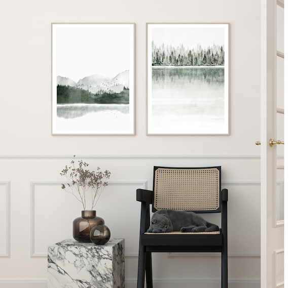 Set of 2 foggy forest landscape prints, modern watercolor landscape, green wall art, modern minimalist prints