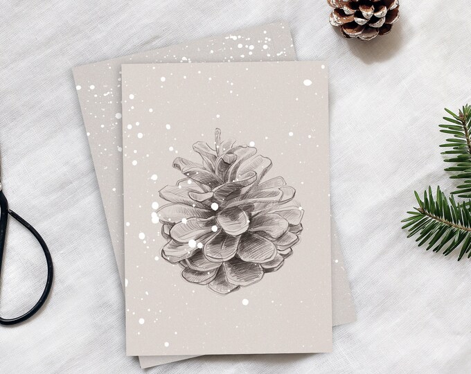 Christmas Card Pine Cones Set of 2, winter Postcard, Christmas Folding Card, Hygge Greeting Card