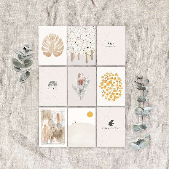 Set of 9 postcards, beige postcards, summer postcards, birthday gift