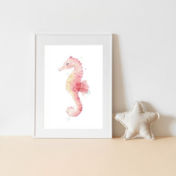 Watercolor coral seahorse fine art print, nursery wall art decor