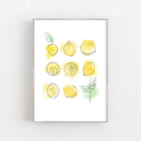 Watercolor lemons fine art print, Kitchen yellow wall art