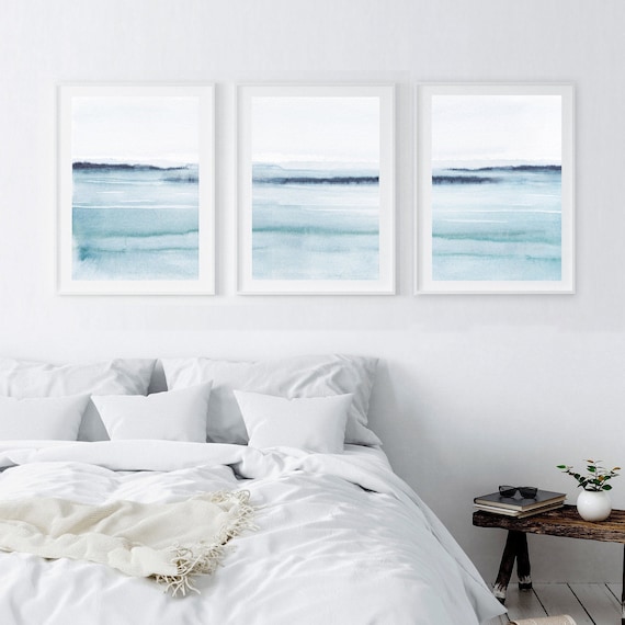 Set of 3 abstract watercolor landscape prints, bedroom wall art, scandinavian prints