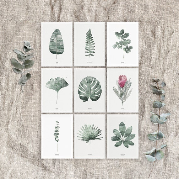 Set of 9 postcards, botanical postcards, green leaves postcards, nature postcards, wedding cards