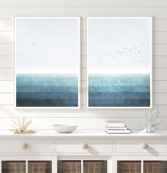 Set of 2 ocean coastal prints, modern watercolor landscape, blue wall art, modern minimalist prints