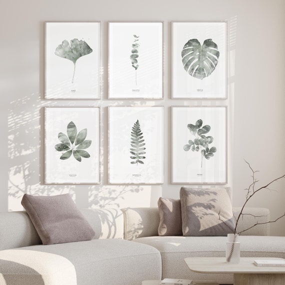 Set of 6 Botanical Leaf Prints – Ginkgo, Monstera, Eucalyptus, Moringa, Musa & Schefflera – Nature-Inspired Wall Art, Greenery Prints