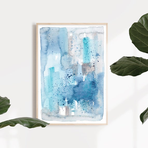 Blue watercolor abstract print, modern blue watercolor painting