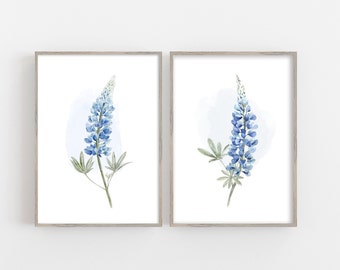 Set von zwei blauen Blumen Lupinen Aquarell Kunstdruck Schlafzimmer Wandkunst