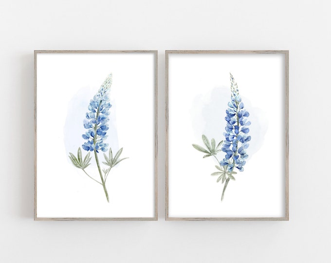 Set of 2 blue watercolor flowers hydrangeas prints