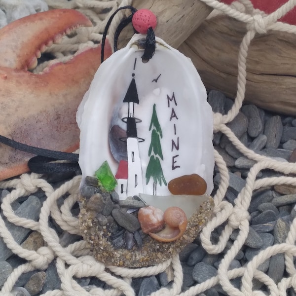 Hand Painted Oyster Shell Ornament - Portland Headlight Lighthouse with Pine Tree - Real Maine Sea Glass, Rocks, Christmas Gifts - Souvenir