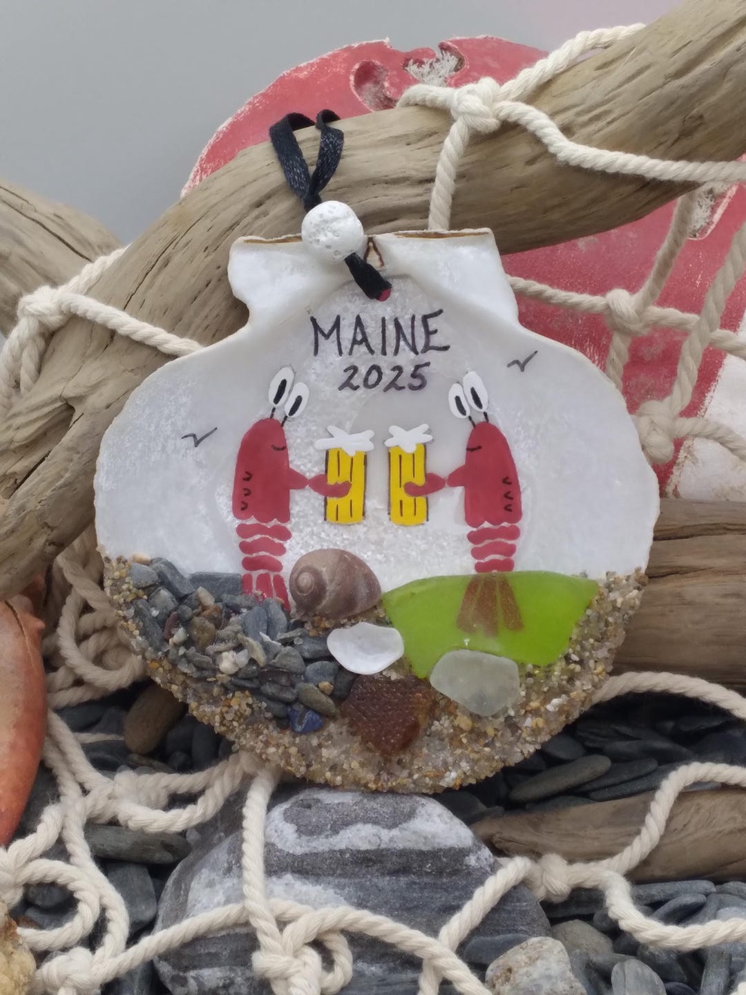 Hand Painted Maine Scallop Shell Ornament - Maine Lobsters Toasting ...
