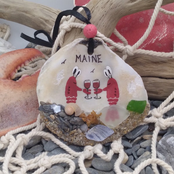 Sea Air Maine Hand Painted Oyster Shell - Maine Lobsters with Red Wine Glasses - Real Maine Sea Glass - Maine Souvenir- Sea Air Maine