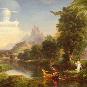 May include: A painting depicting a lush, green landscape with a river winding through it. In the distance, a white, cloud-like structure hovers above a mountain range. Two figures in a boat are seen in the foreground, while an angel stands on the riverbank.