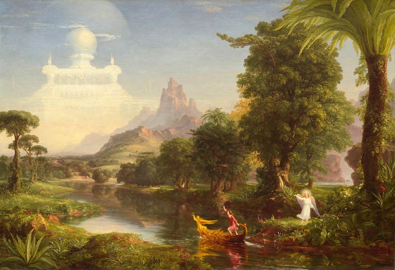 May include: A painting depicting a lush, green landscape with a river winding through it. In the distance, a white, cloud-like structure hovers above a mountain range. Two figures in a boat are seen in the foreground, while an angel stands on the riverbank.