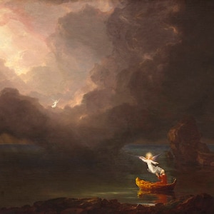 May include: A painting depicting a scene of a person in a boat being lifted up to heaven by an angel. The scene is set against a dramatic, stormy sky with dark clouds and a bright light shining through.