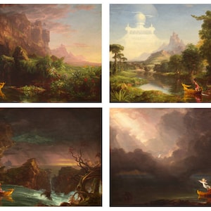 May include: A painting depicting four scenes of a boat with a person in it. The first scene shows a boat on a calm river with a person in it. The second scene shows a boat on a river with a person in it and a city in the background. The third scene shows a boat on a stormy sea with a person in it. The fourth scene shows a boat on a calm sea with a person in it.