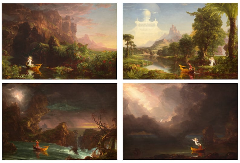 May include: A painting depicting four scenes of a boat with a person in it. The first scene shows a boat on a calm river with a person in it. The second scene shows a boat on a river with a person in it and a city in the background. The third scene shows a boat on a stormy sea with a person in it. The fourth scene shows a boat on a calm sea with a person in it.