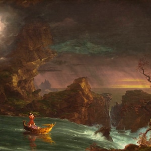 May include: A painting depicting a lone figure in a boat navigating a stormy sea. The sky is dark and stormy, with a bright light in the distance. The figure is small and appears to be lost at sea. The painting is a dramatic and evocative depiction of the power of nature.