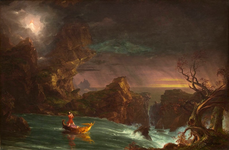 May include: A painting depicting a lone figure in a boat navigating a stormy sea. The sky is dark and stormy, with a bright light in the distance. The figure is small and appears to be lost at sea. The painting is a dramatic and evocative depiction of the power of nature.