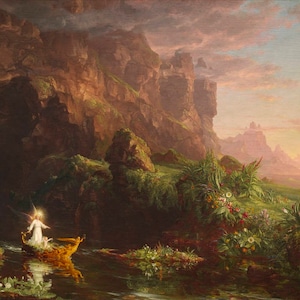 May include: A painting depicting a woman in a white gown sailing down a river in a small boat. The river is surrounded by lush greenery and rocky cliffs. The sky is a soft pink and orange, suggesting a sunset.