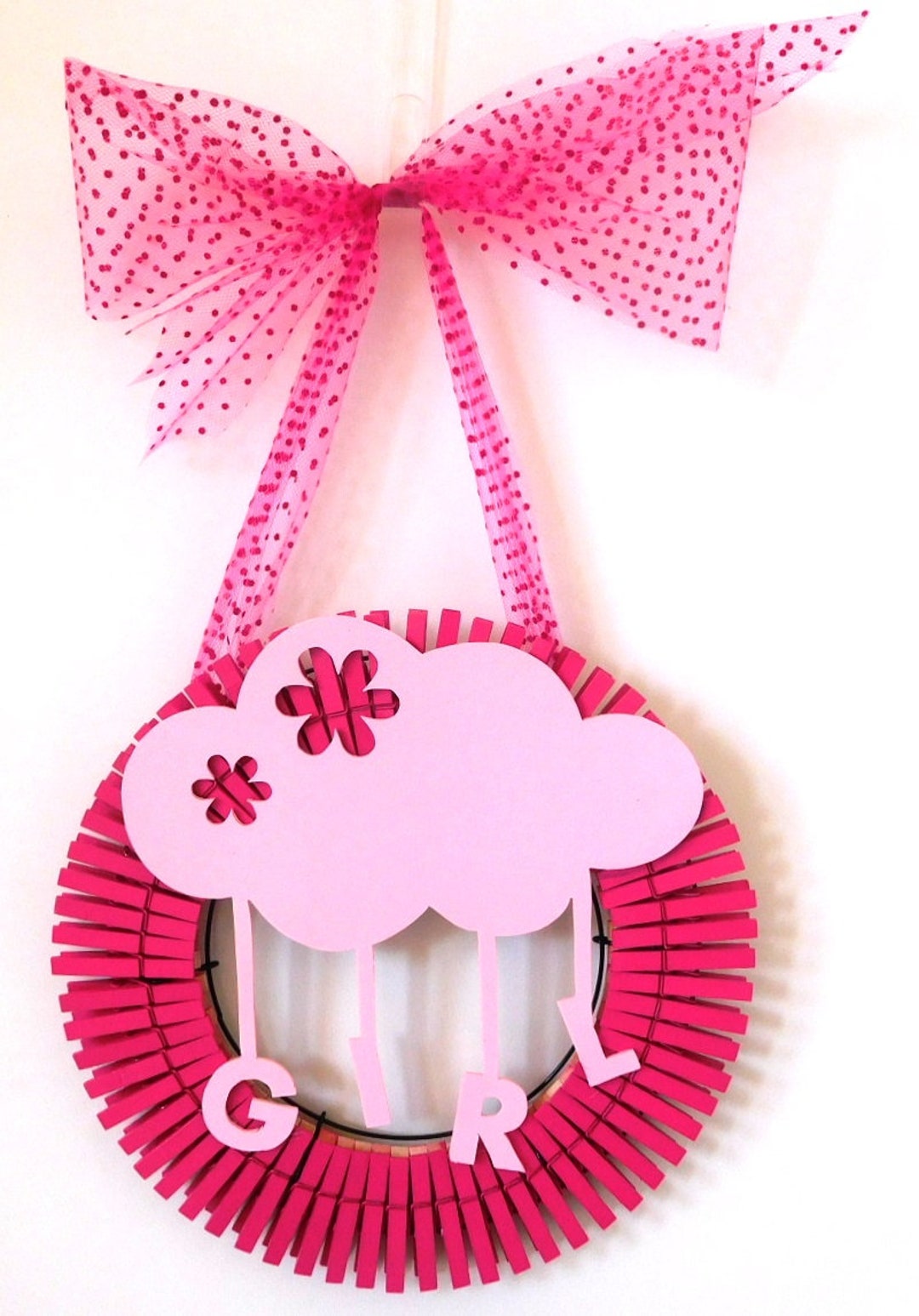 Baby Girl Wooden Clothespin Wreath, Nursery Wreath, Baby Shower Wreath